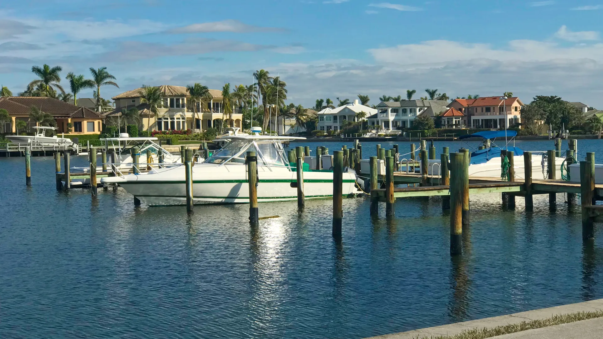 Marina with boats, wooden docks, palm trees, and California real estate houses.